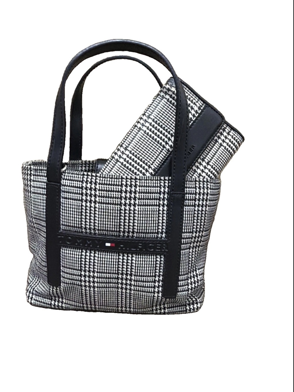 Tommy Hilfiger Black & White Glen Plaid Mini Tote Purse with Matching Wallet